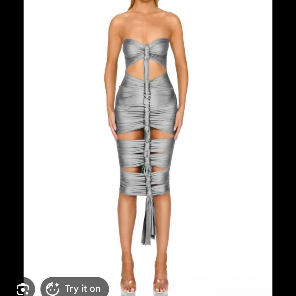 Strapless Ruched Cutout Midi Dress - Silver